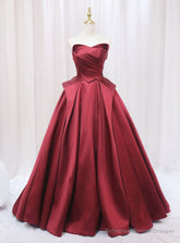 A-Line Burgundy Satin Strapless Pleats Prom Dress